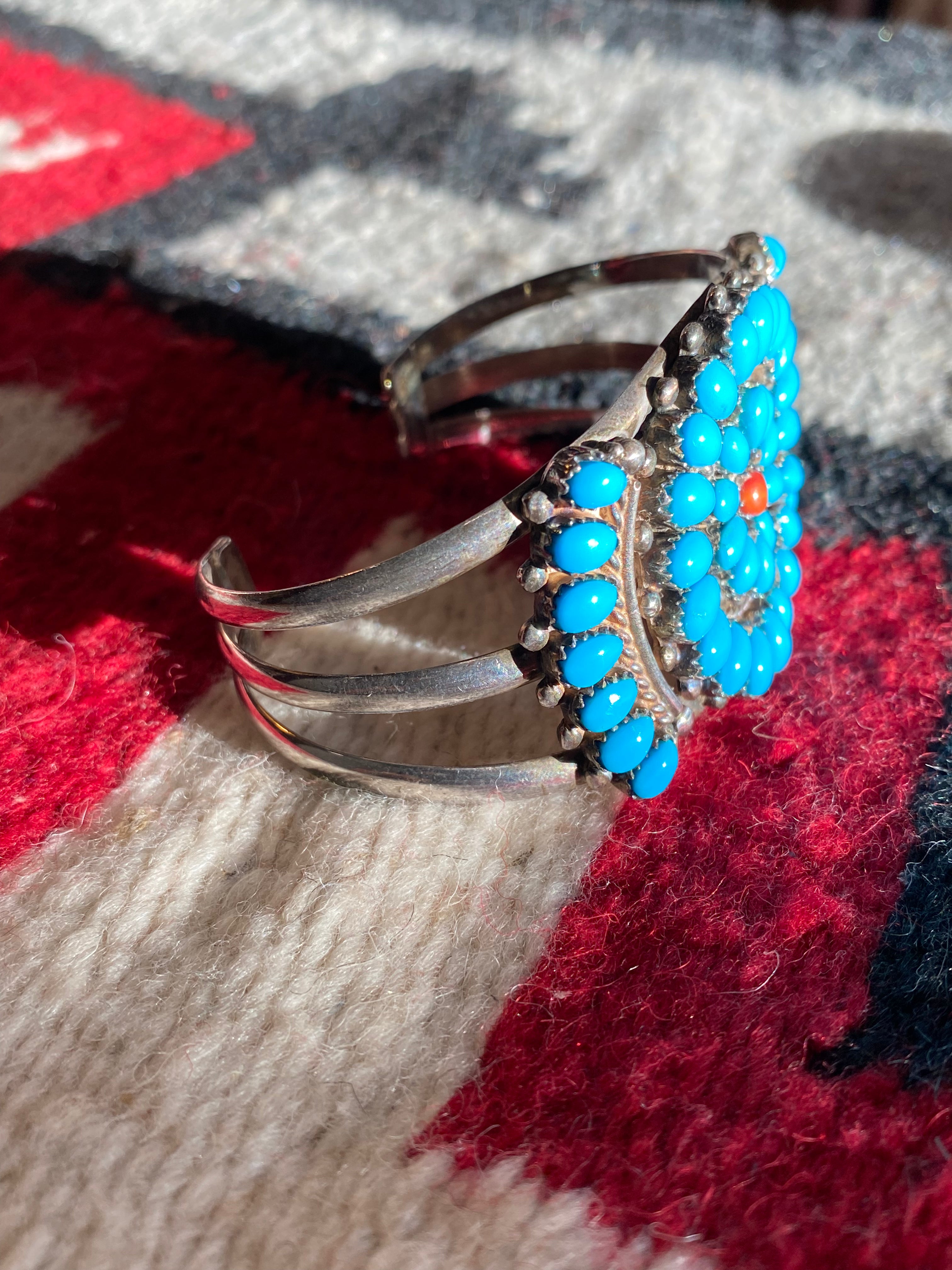 Navajo Sterling Silver Coral & Kingman Turquoise Teardrops Cuff