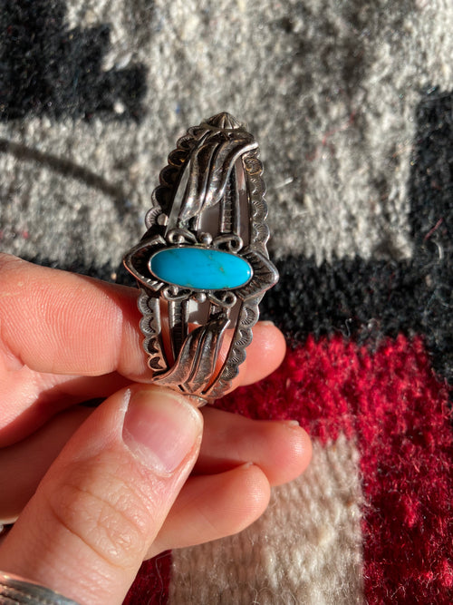 Fred Harvey Era Sterling Silver Navajo Cuff With Turquoise Inlay