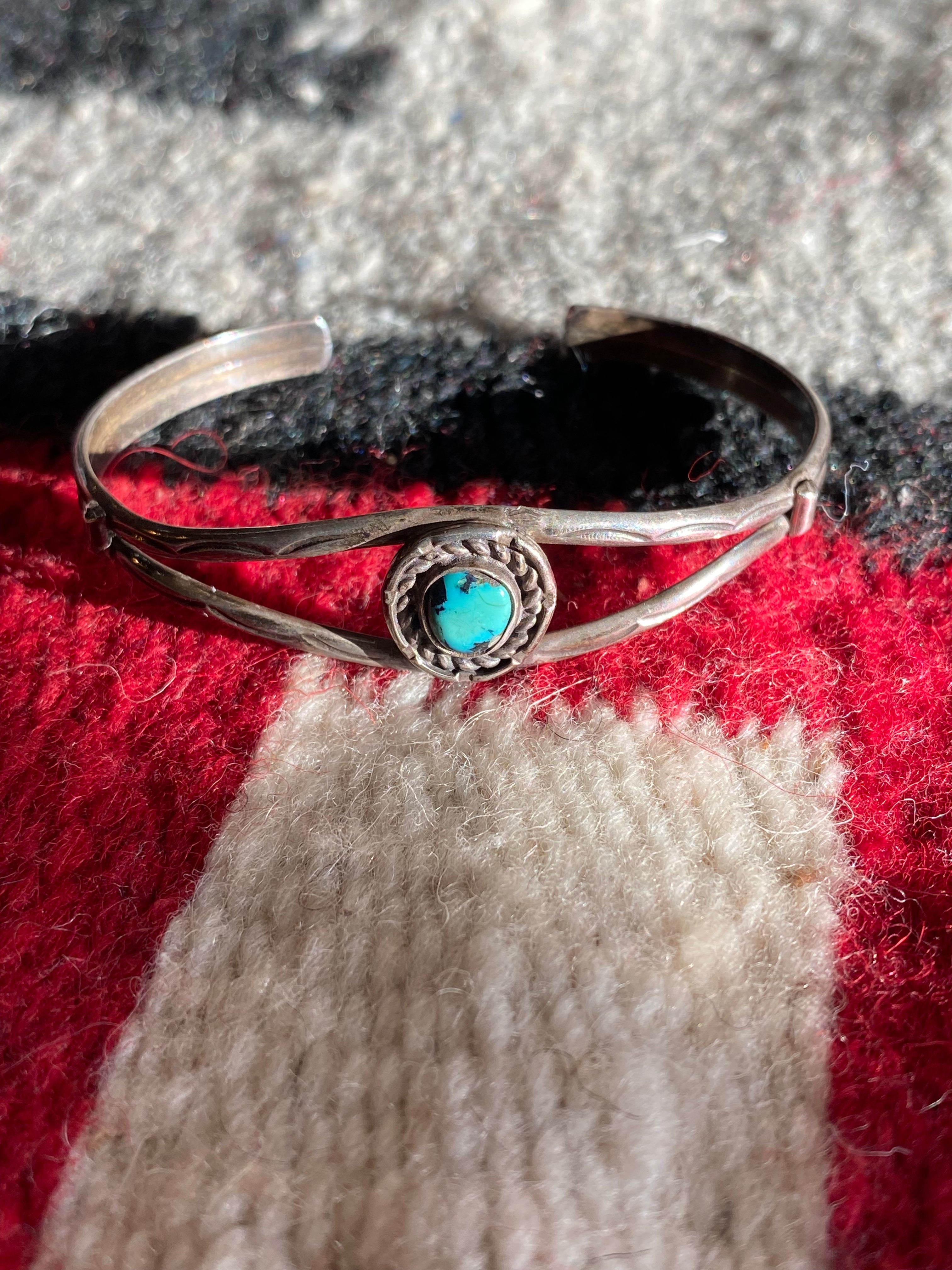 Old Pawn Sterling Silver Navajo Cuff With Turquoise Inlay