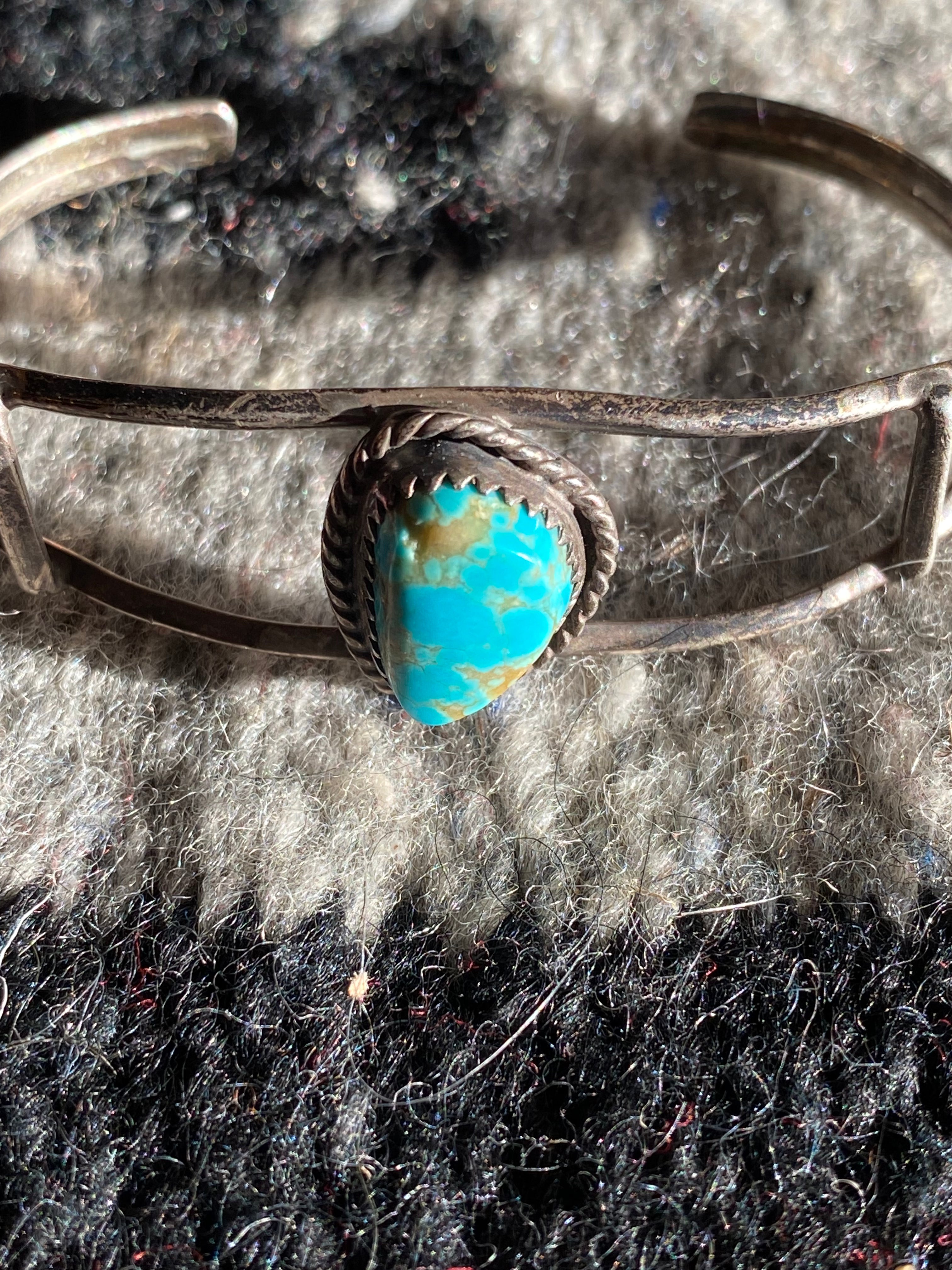 Old Pawn Sterling Silver Navajo Cuff With Turquoise Inlay (2)