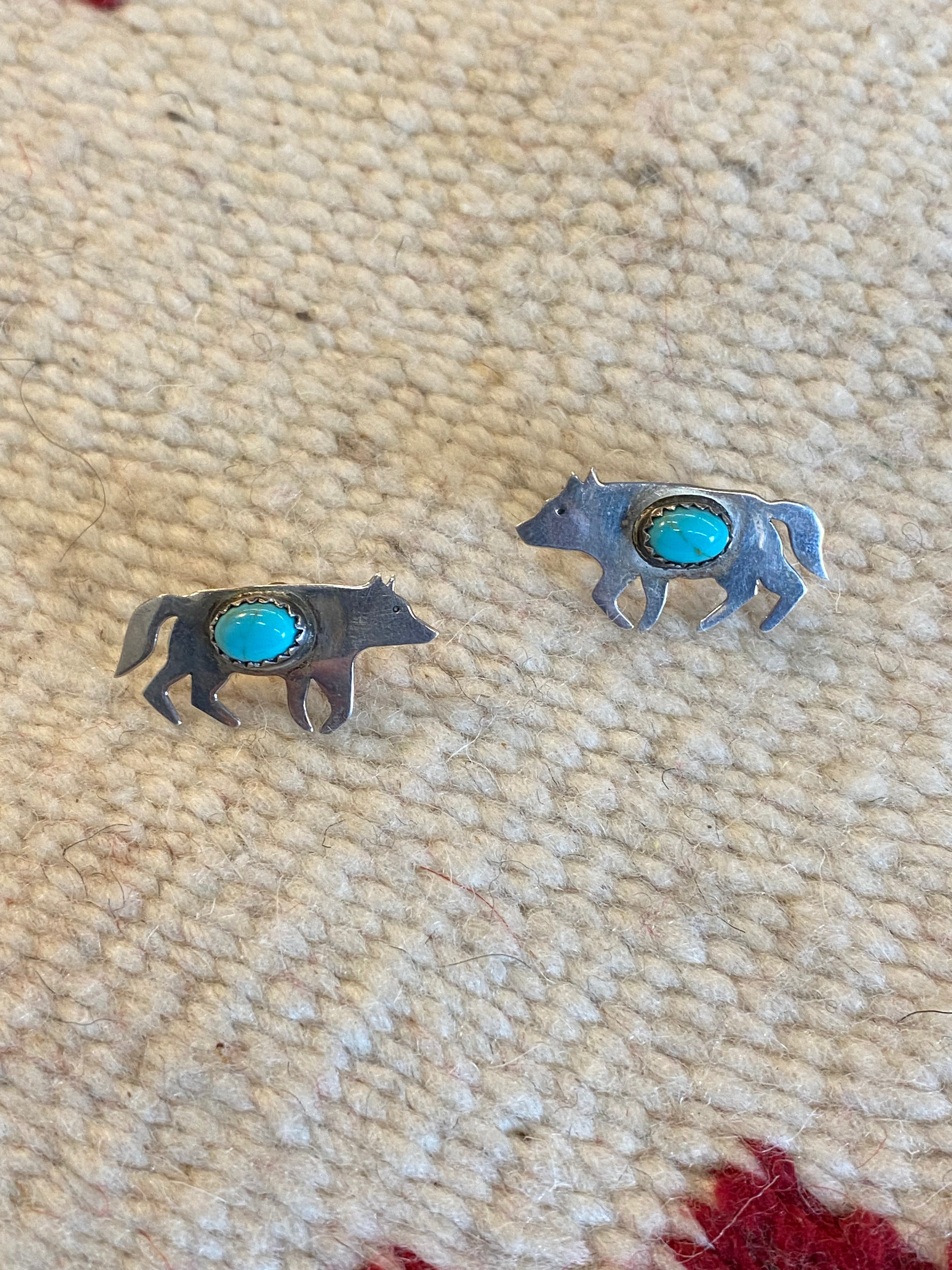 Sterling Silver Navajo Wolf Earrings With Turquoise Stones
