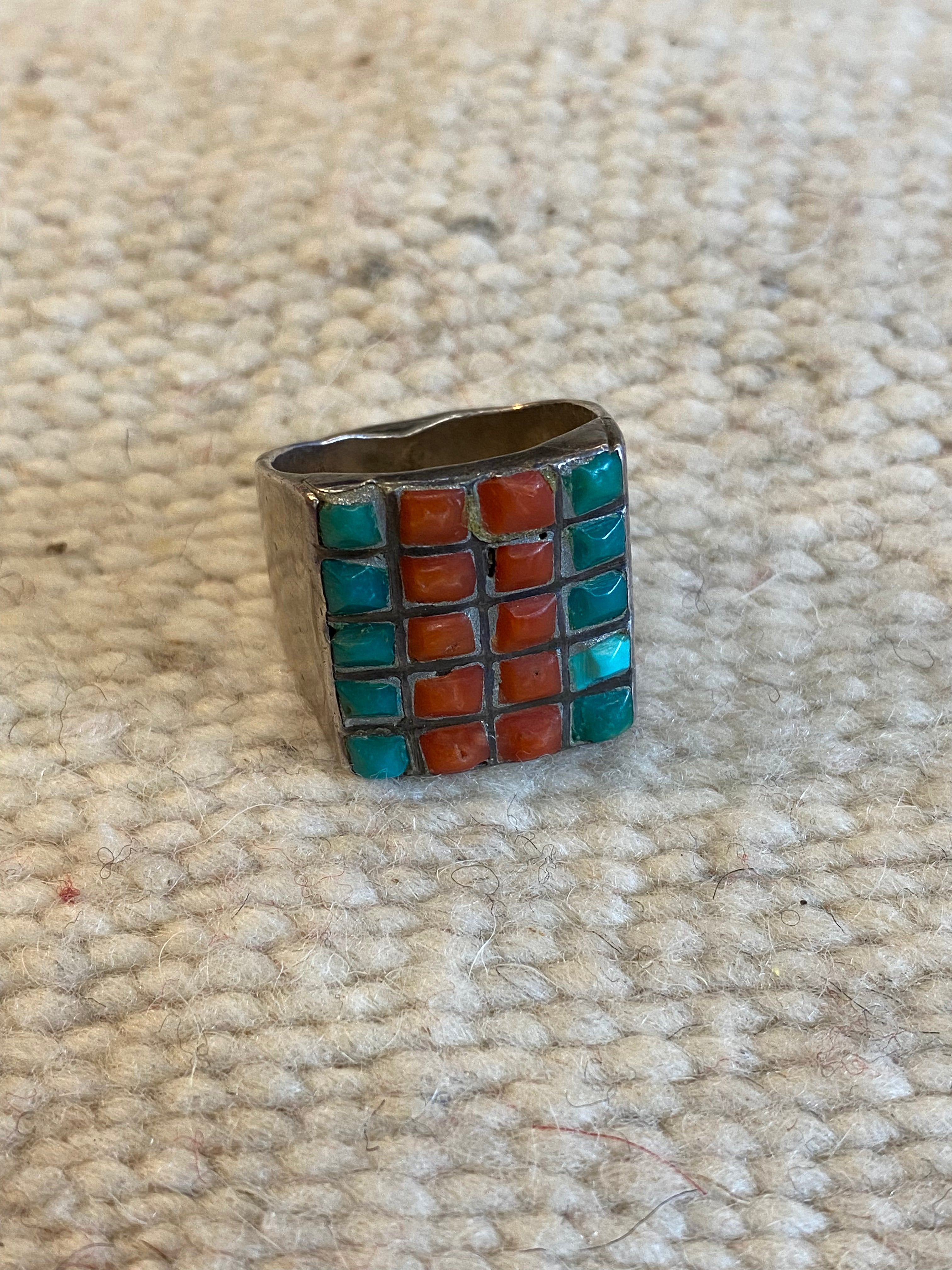 Old Pawn Sterling Silver Turquoise & Coral Ring