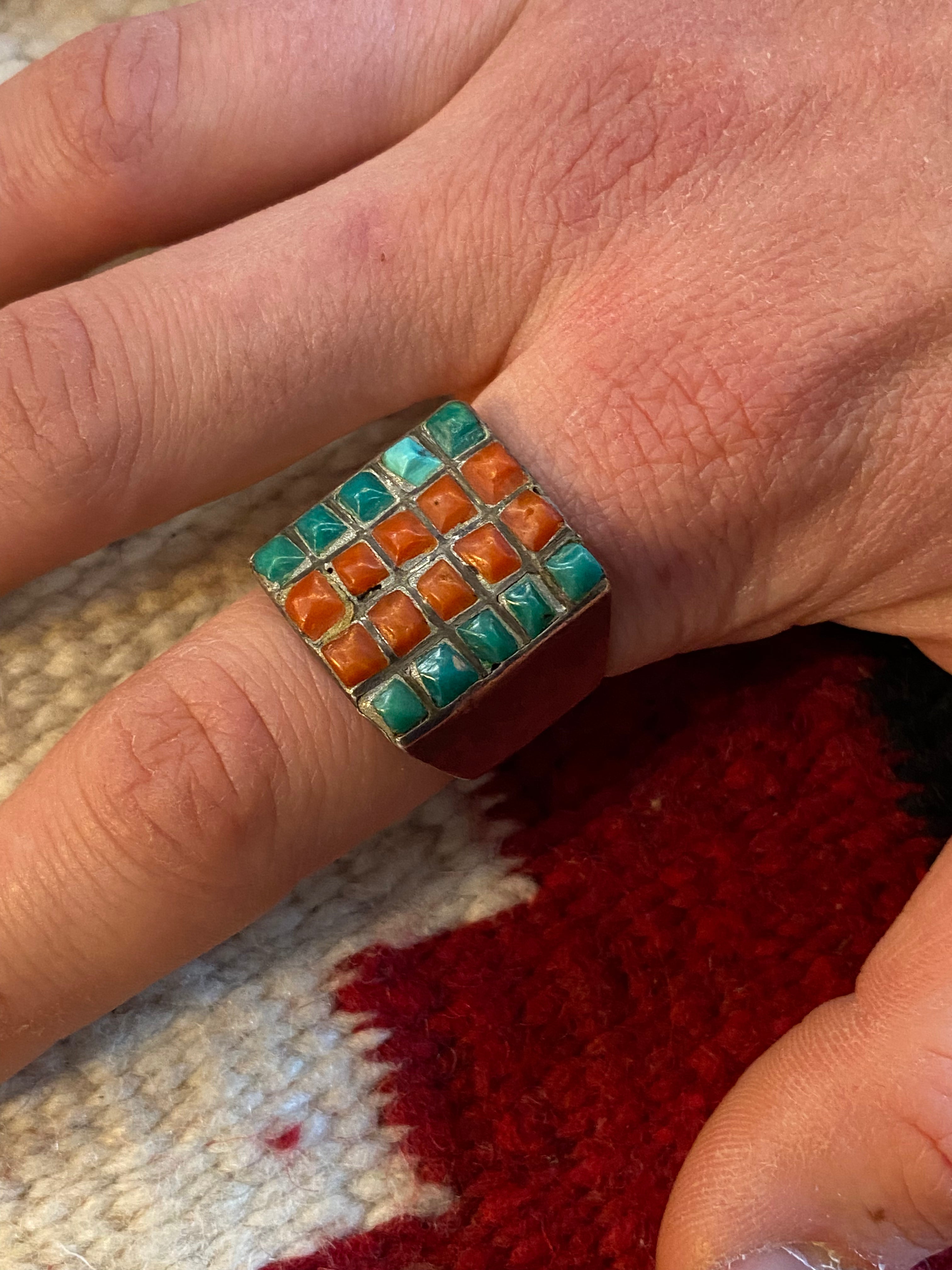 Old Pawn Sterling Silver Turquoise & Coral Ring