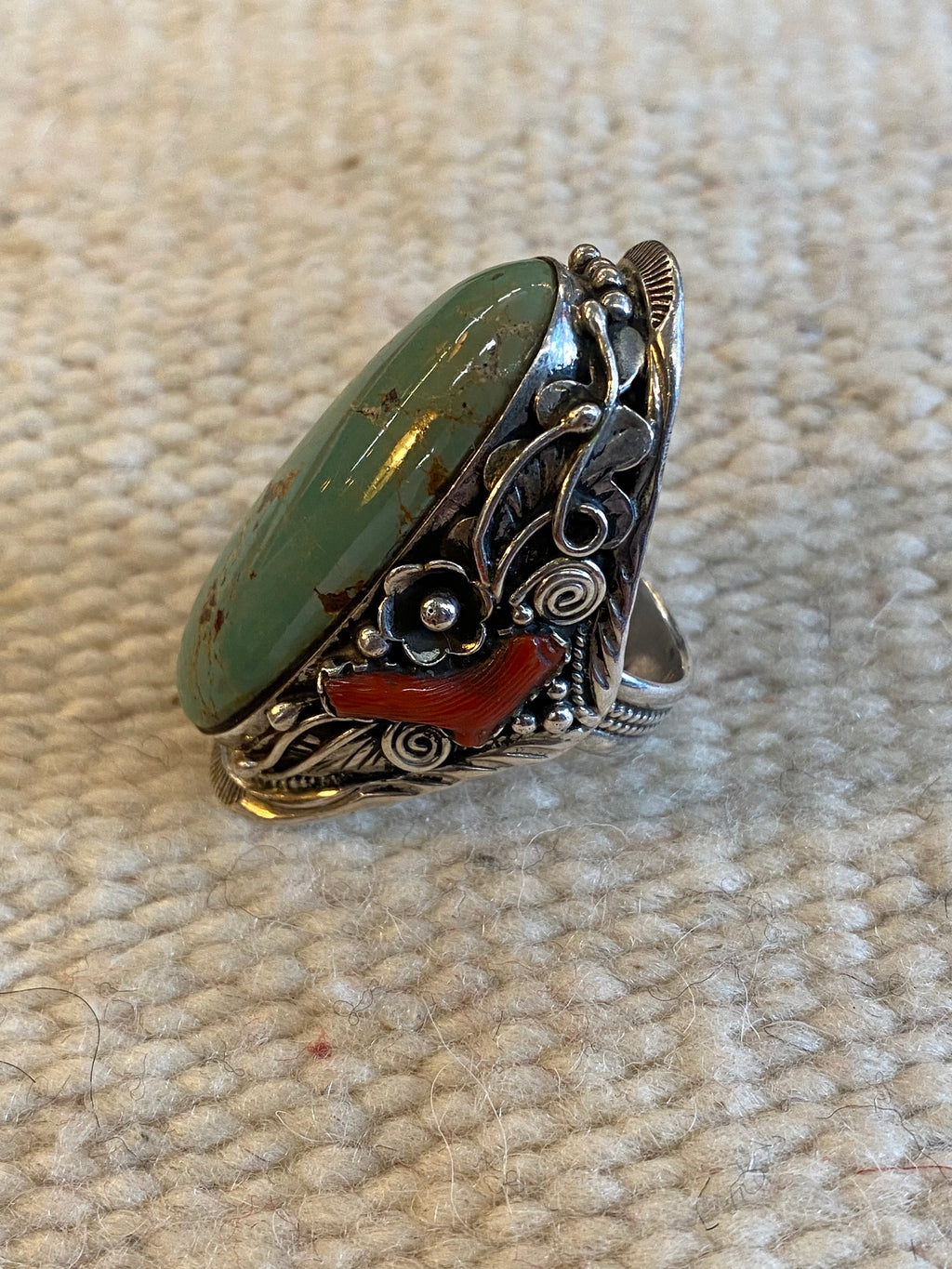 Sterling Silver Turquoise & Coral Navajo Ring