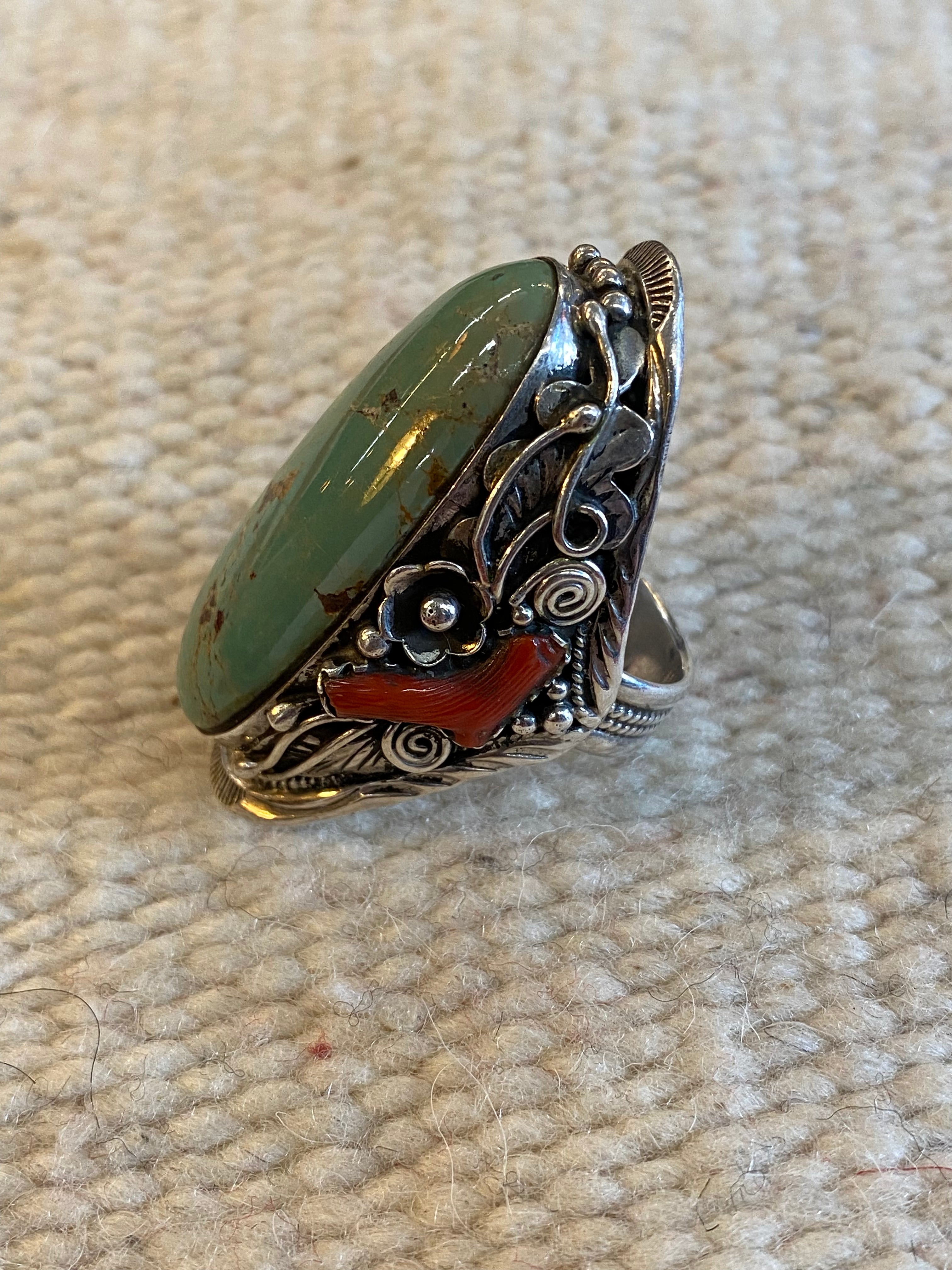 Sterling Silver Turquoise & Coral Navajo Ring