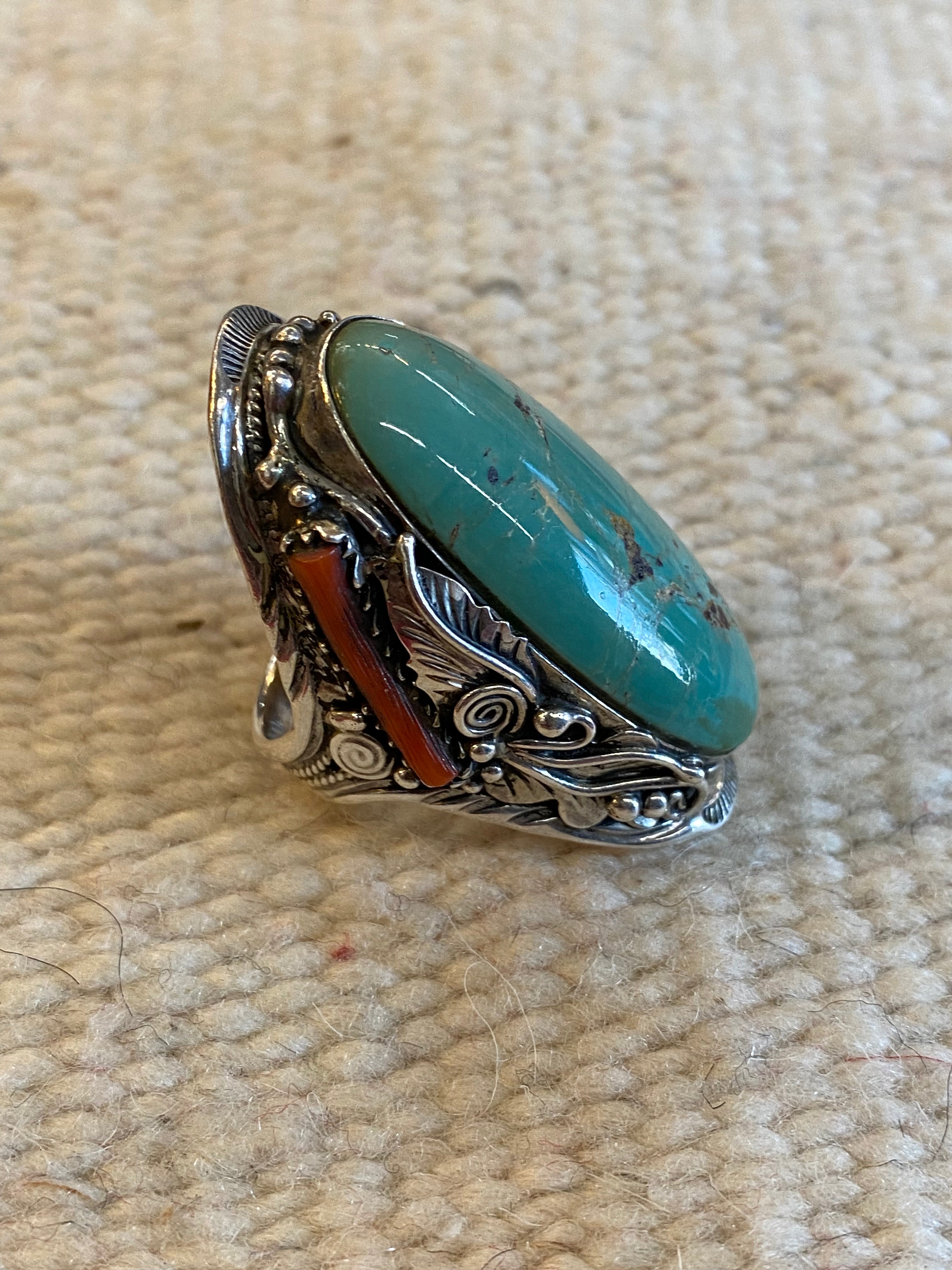 Sterling Silver Turquoise & Coral Navajo Ring