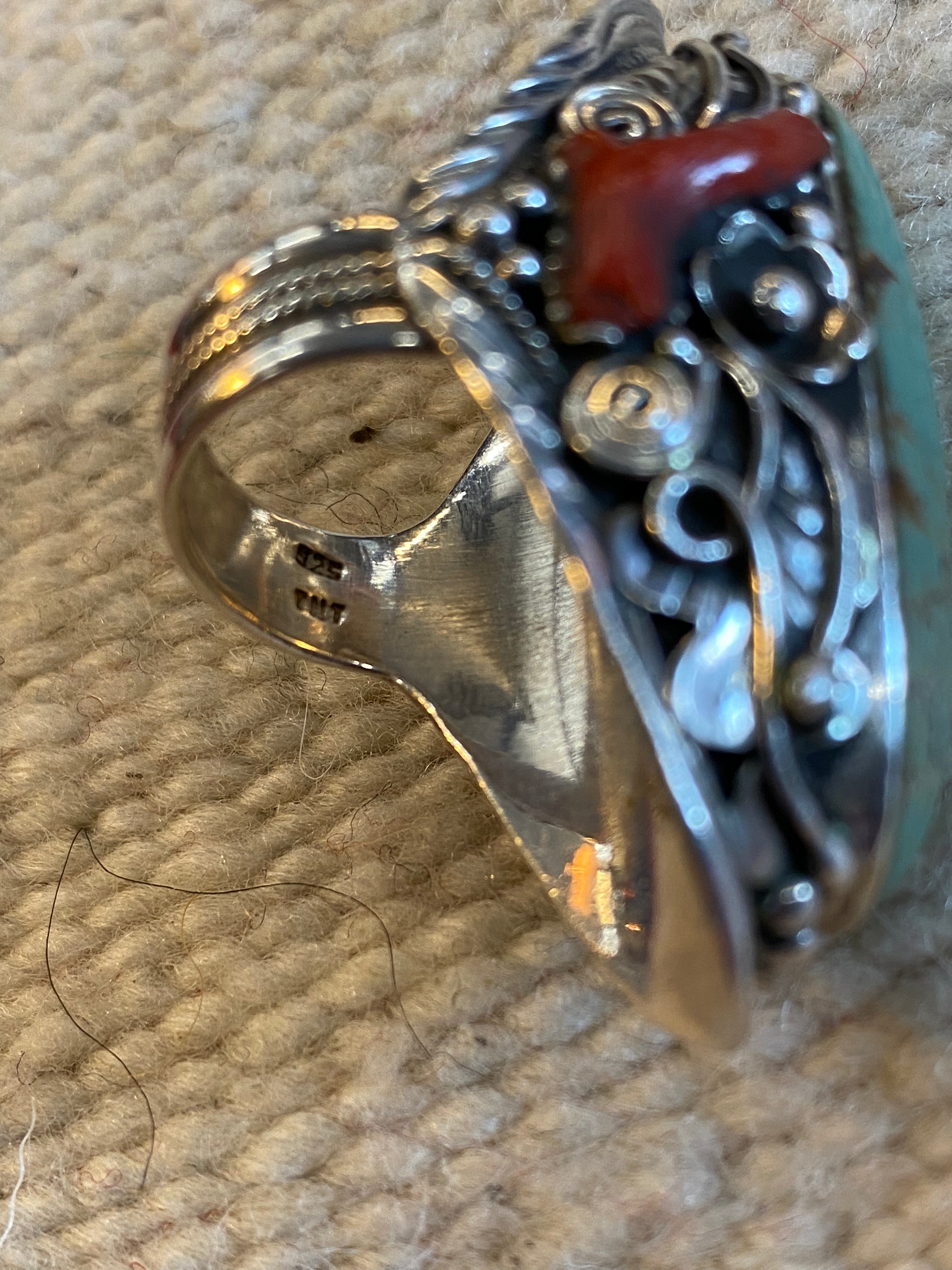 Sterling Silver Turquoise & Coral Navajo Ring