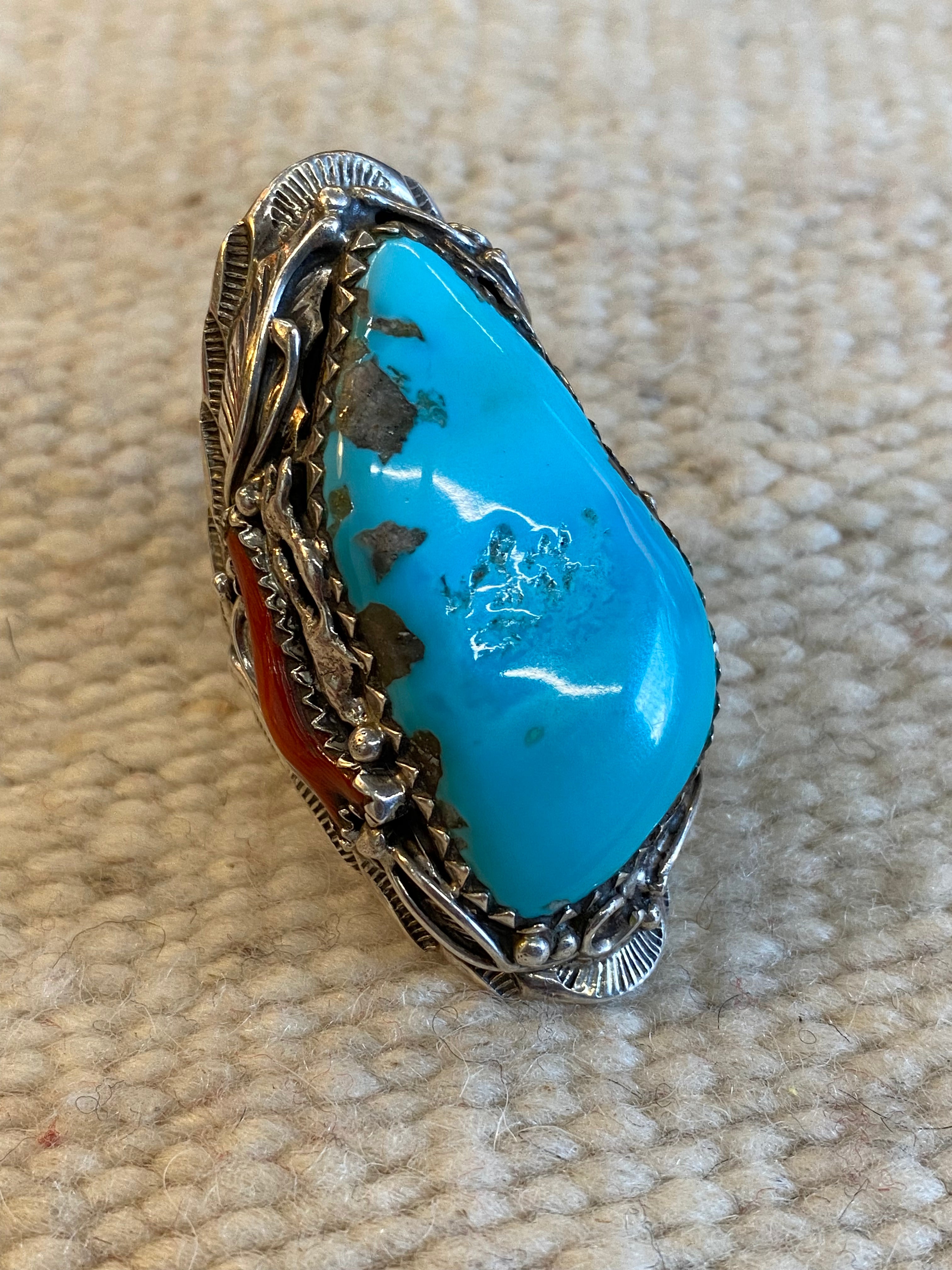 Sterling Silver Kingsman Turquoise & Coral Navajo Ring