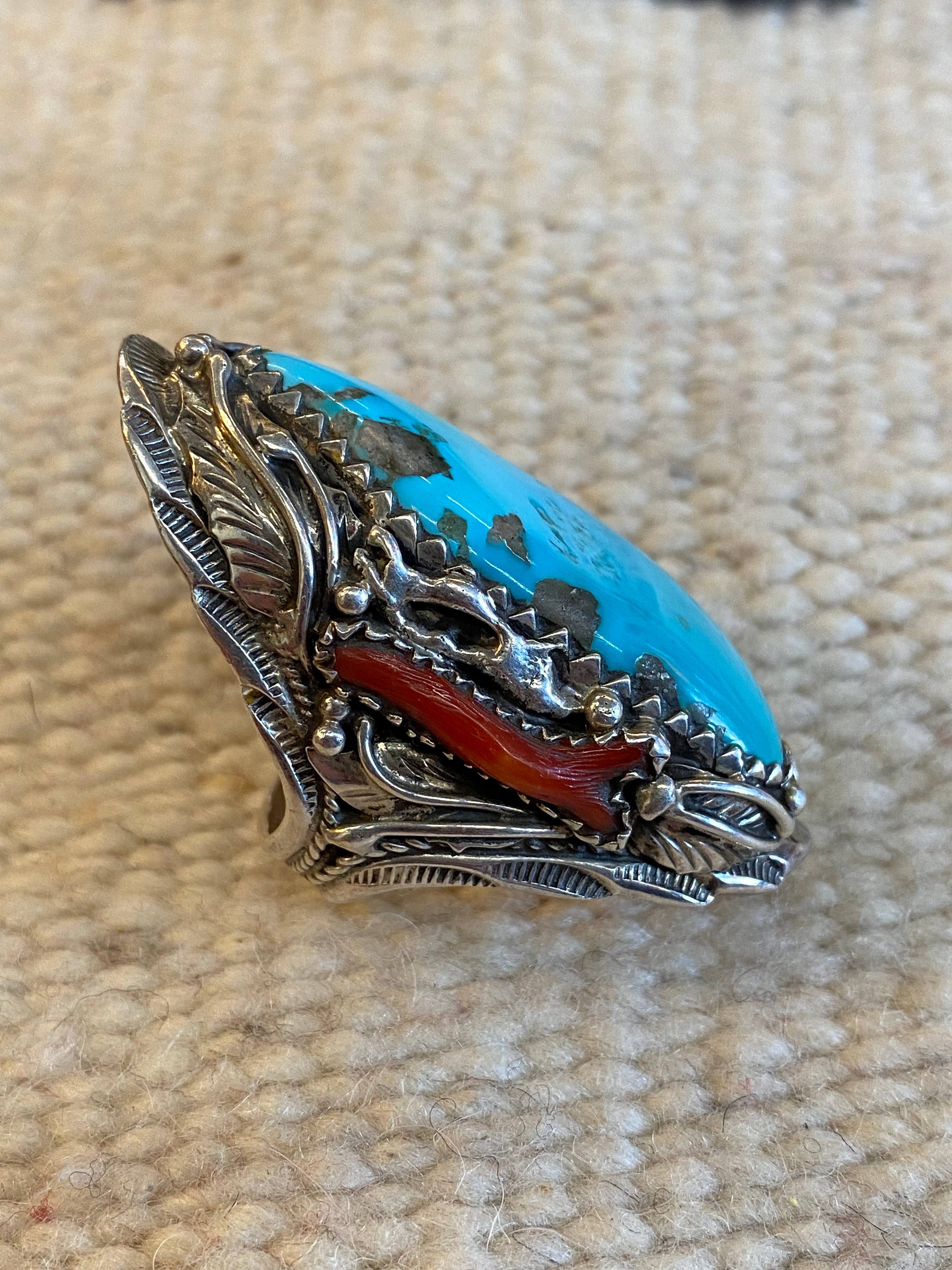 Sterling Silver Kingsman Turquoise & Coral Navajo Ring