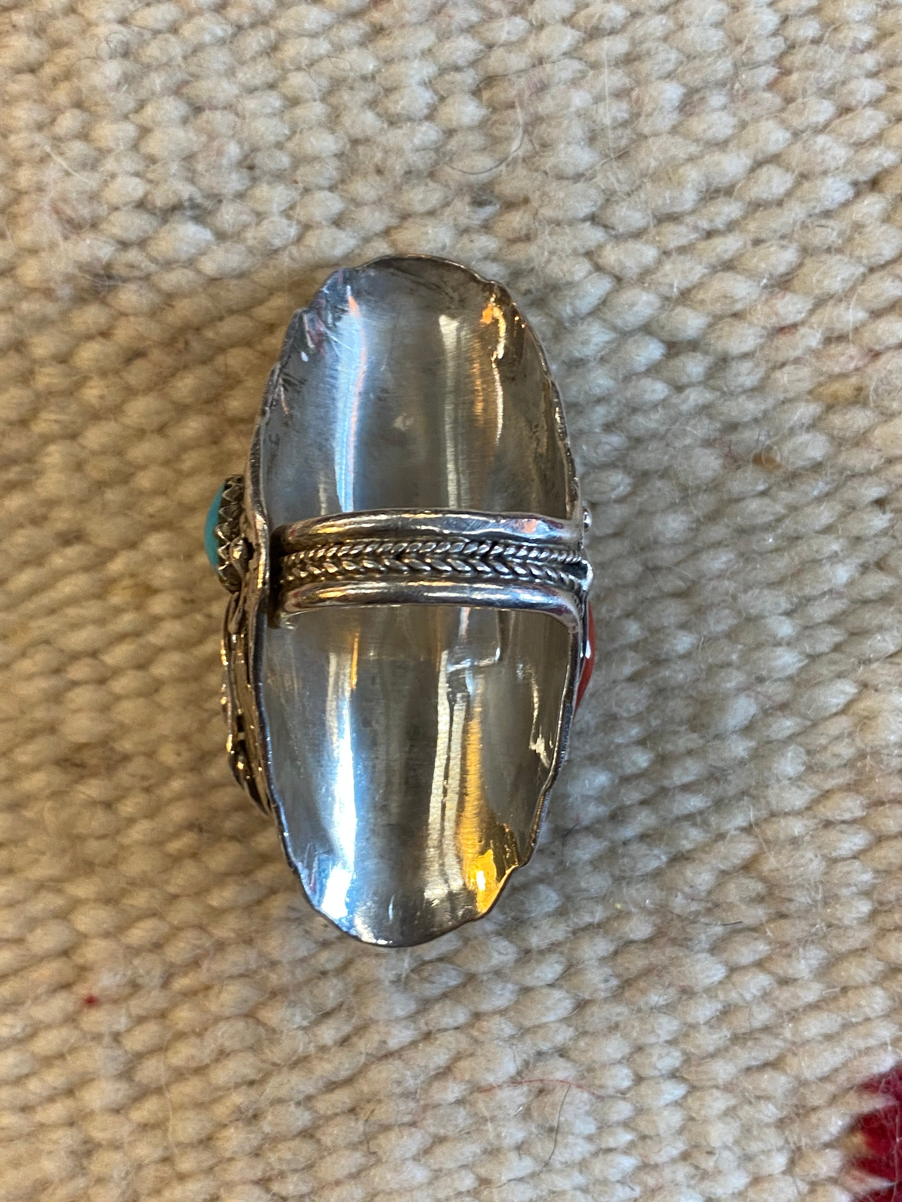 Sterling Silver Kingsman Turquoise & Coral Navajo Ring