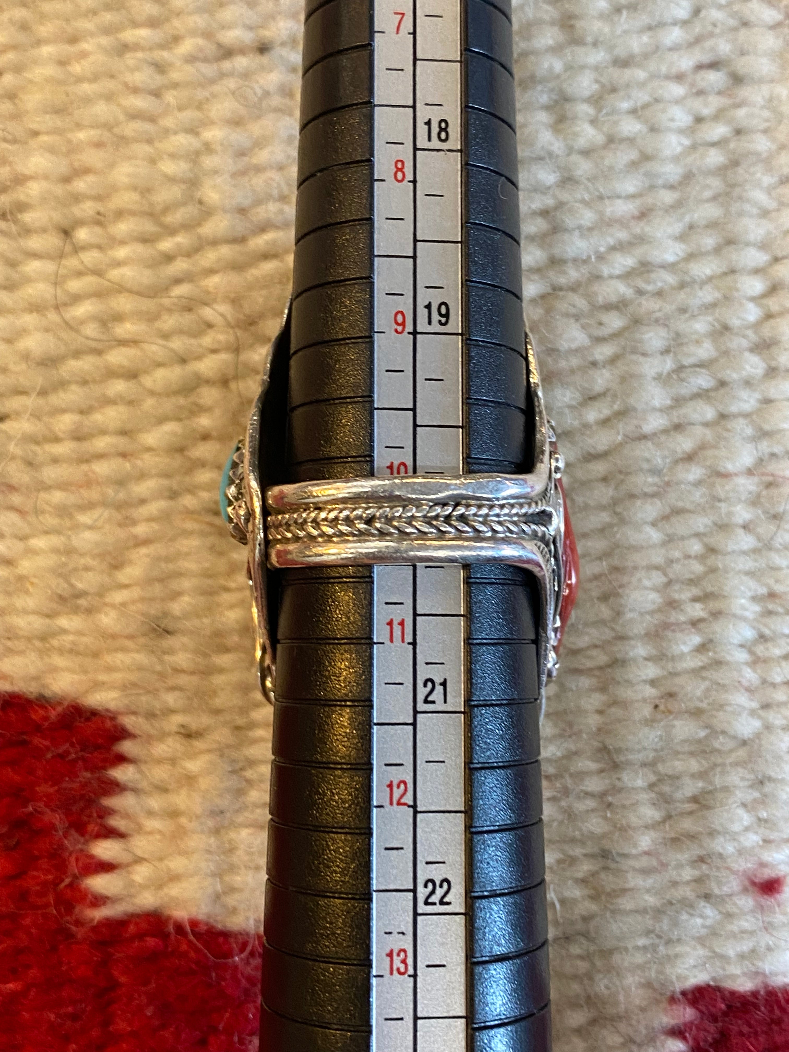 Sterling Silver Kingsman Turquoise & Coral Navajo Ring