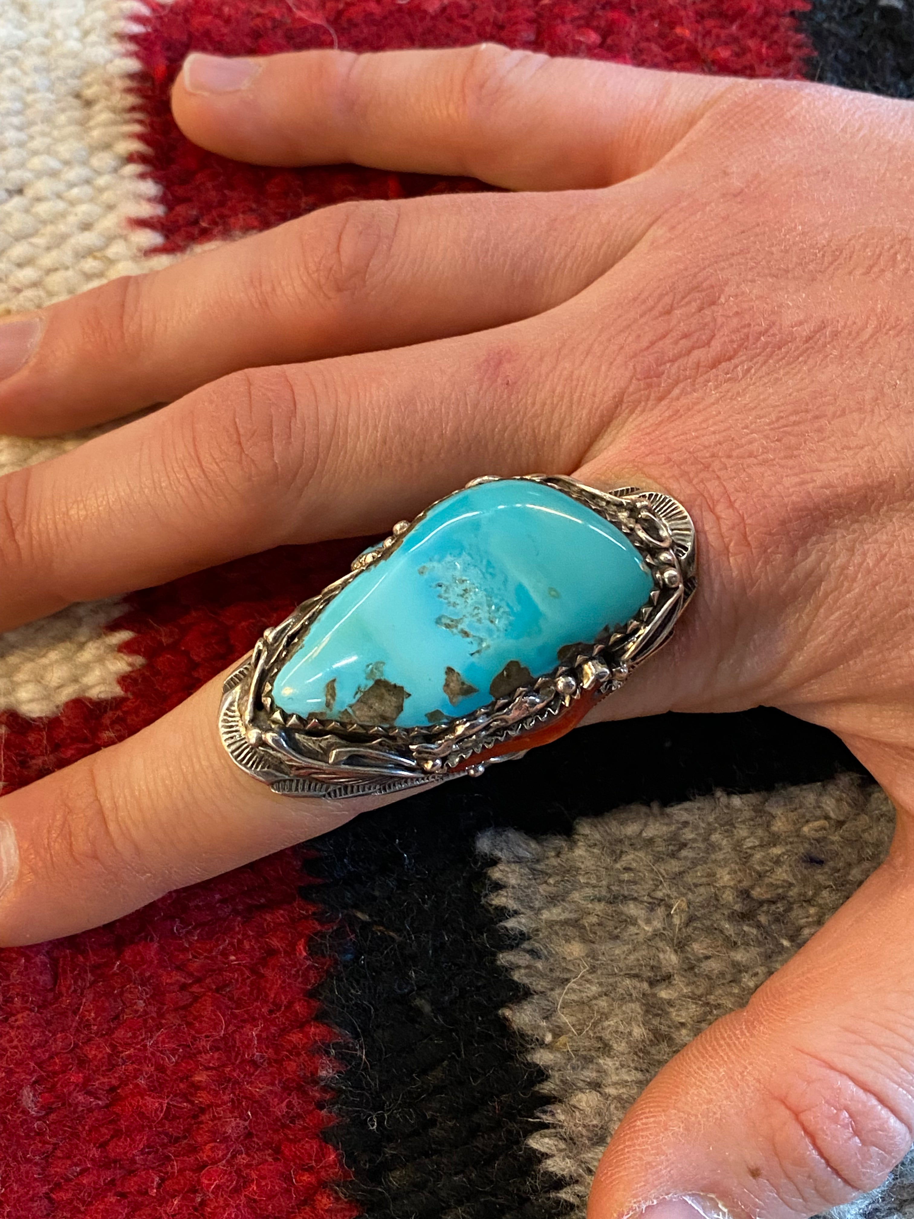 Sterling Silver Kingsman Turquoise & Coral Navajo Ring