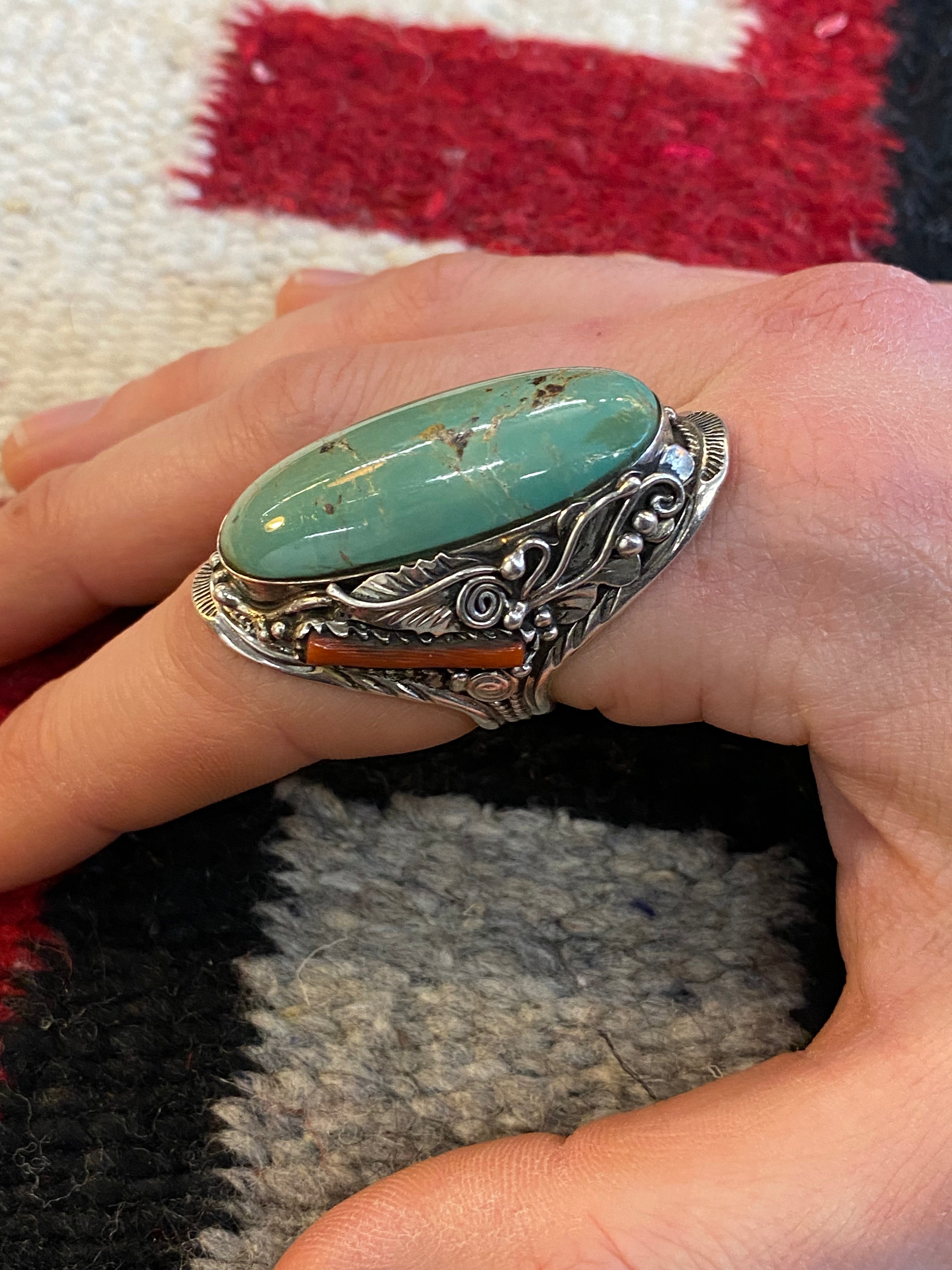 Sterling Silver Turquoise & Coral Navajo Ring