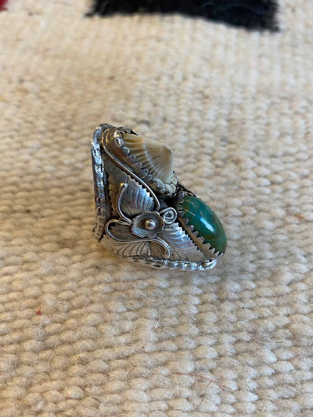 Sterling Silver Navajo Ring With Turquoise Stone & Shark Tooth