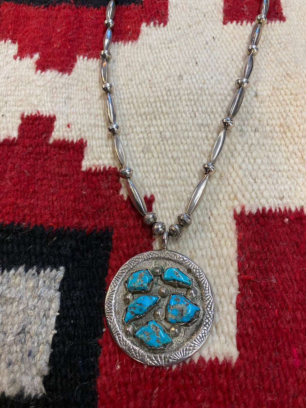 Sterling Silver Beaded Necklace With Chunky Turquoise Pendant