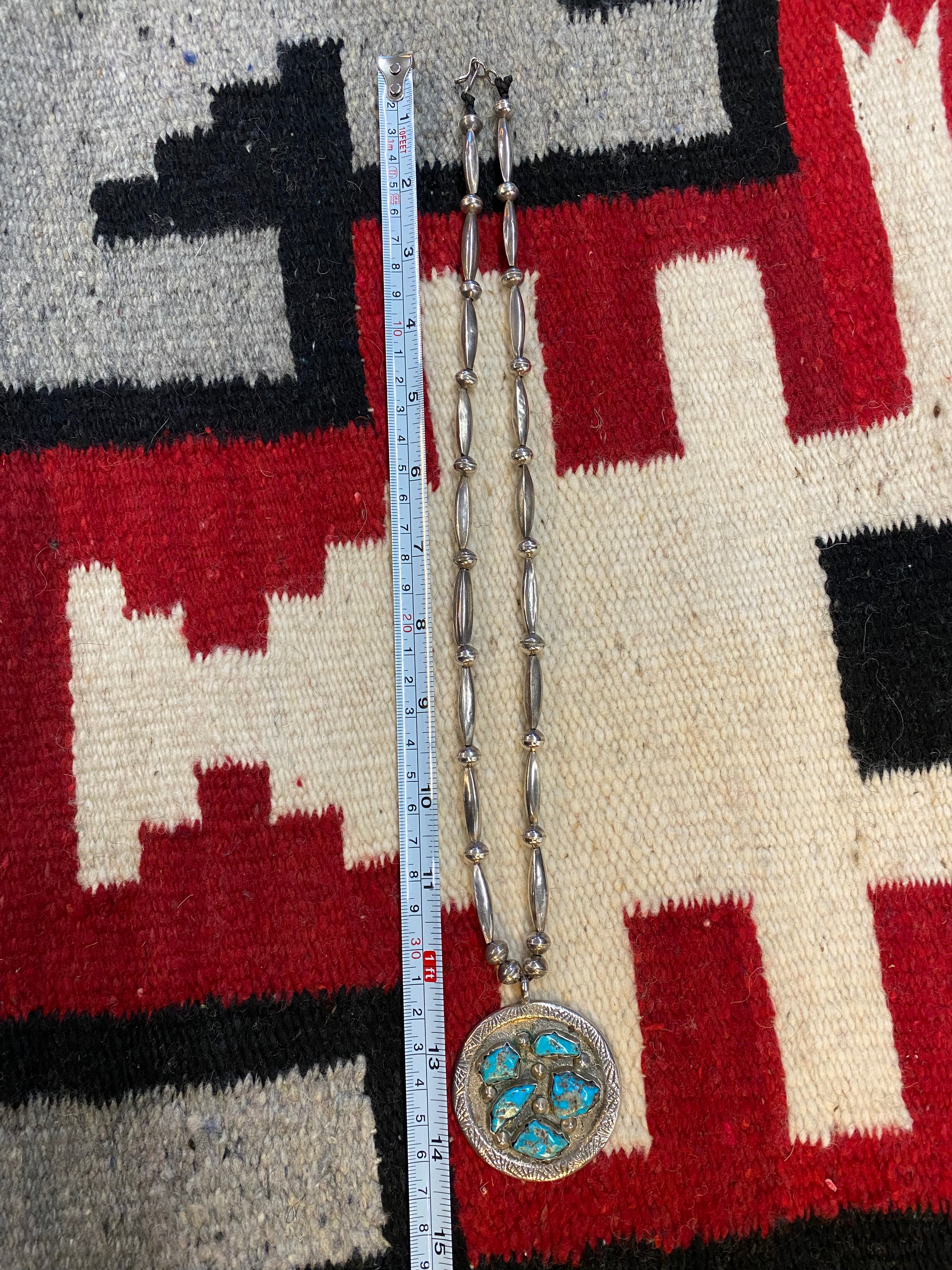 Sterling Silver Beaded Necklace With Chunky Turquoise Pendant