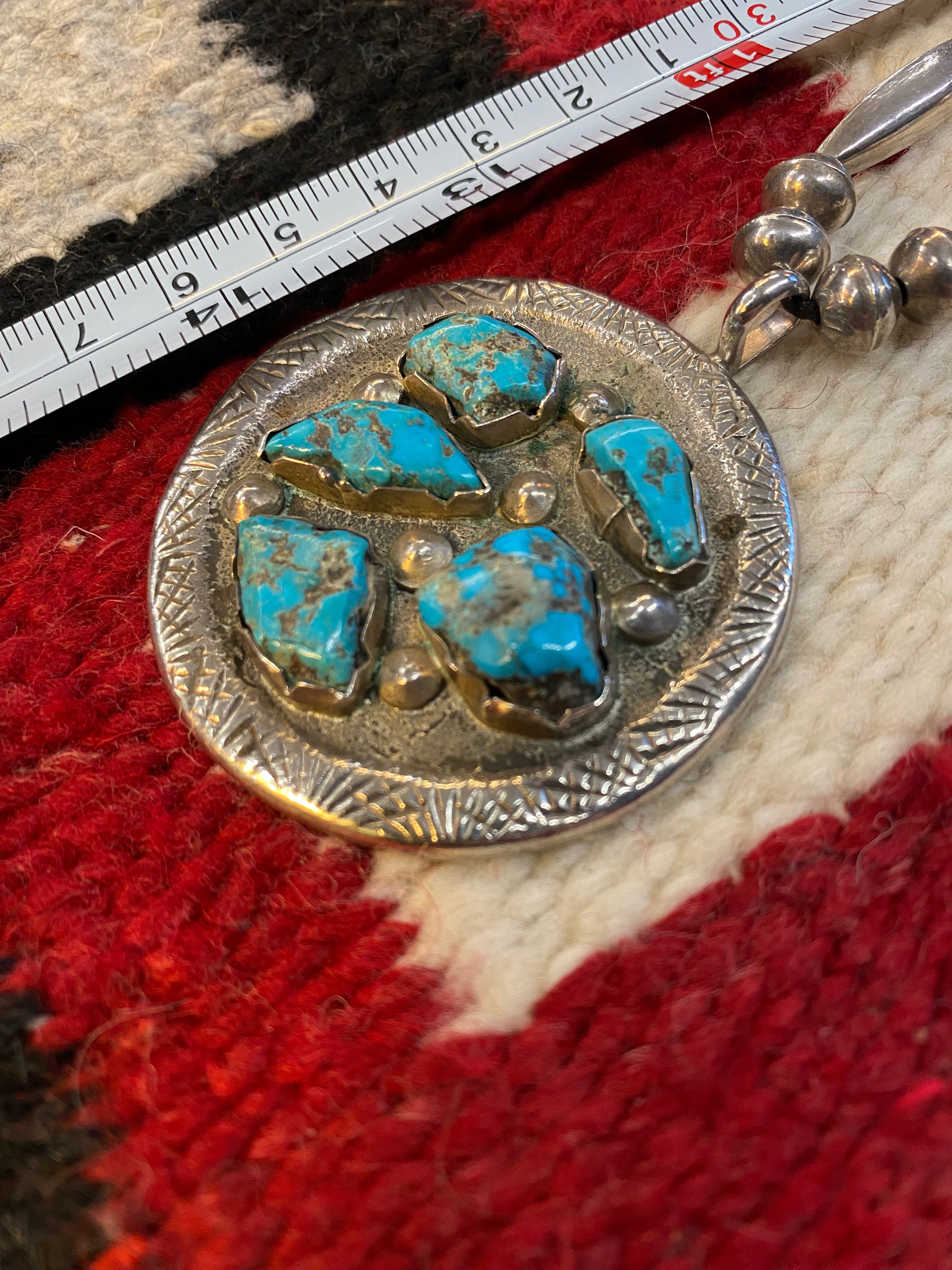 Sterling Silver Beaded Necklace With Chunky Turquoise Pendant