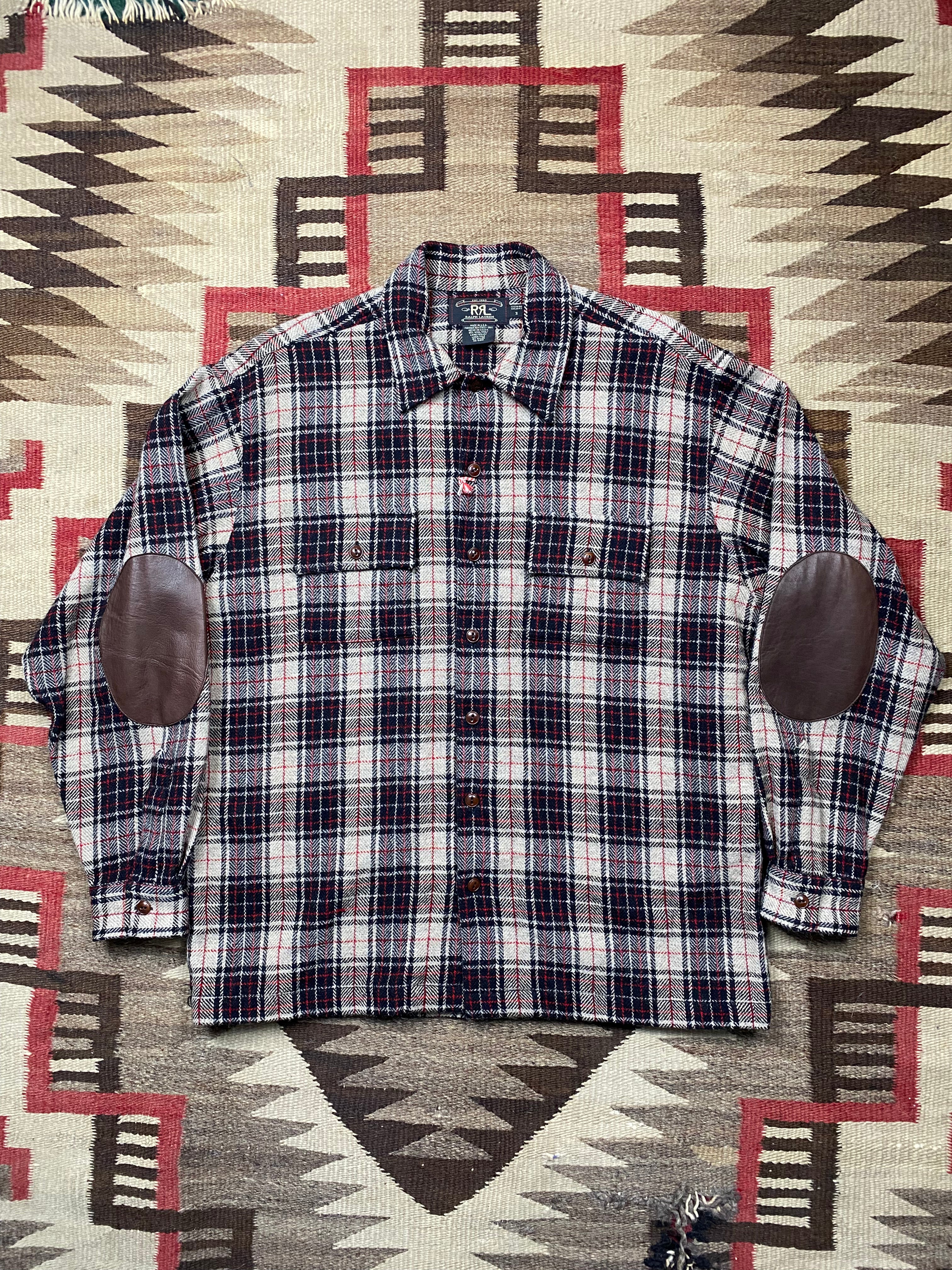 RRL Plaid Woolen Overshirt With Leather Elbow Patches