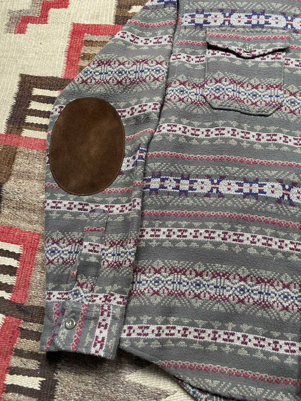 RRL Melton Fair Isle Brushed Jacquard Shirt With Leather Elbow Patches